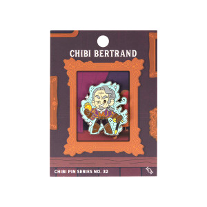 A chibi Bertrand Bell pin featuring the character holding a cane with a blue wispy aura. the background is illustrated to look like a portrait frame in a fancy manor.