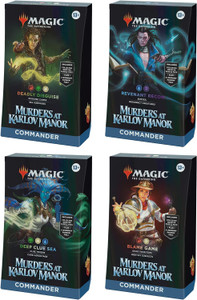 Four Magic the Gathering: Murders at Karlov Manor commander deck boxes. Each deck box has art of the corresponding commander from the Murders at Karlov Manor set. Four Magic the Gathering: Murders at Karlov Manor commander deck boxes. Each deck box has art of the corresponding commander from the Murders at Karlov Manor set.