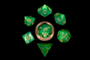 Metallic Dice Games - 7 Set RPG Dice - Acrylic - Mini Green and Light Green with Gold Numbers