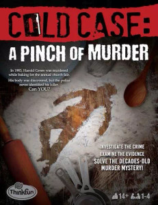 A game box titled "Cold Case: A Pinch of Murder" in a red stripe styled to look sloppily stamped at the top, with uneven white font for the second half of the title that resembles typewriter text. The art below is a depiction of a kitchen counter, baking supplies spread across it: a rolling pin, measuring cups, whisk, bowl of flour, and more flour spread across the wood top, ready for dough. Drawn into the soft, white powder is the silhouette of a dead person like a body outline. A game box titled "Cold Case: A Pinch of Murder" in a red stripe styled to look sloppily stamped at the top, with uneven white font for the second half of the title that resembles typewriter text. The art below is a depiction of a kitchen counter, baking supplies spread across it: a rolling pin, measuring cups, whisk, bowl of flour, and more flour spread across the wood top, ready for dough. Drawn into the soft, white powder is the silhouette of a dead person like a body outline.