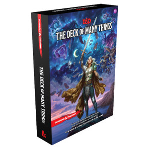 An RPG book titled "Dungeons & Dragons RPG: Deck of Many Things" in white and red font at the top of the box's cover. The art below depicts a white haired humanoid with pale skin holding a sword over her head. She wears silver and gold scale armor, a cape, and a circlet on her brow. She stands on a rocky cliff overlooking an ocean, and above her in the night sky float constellations and various otherworldly beings. An RPG book titled "Dungeons & Dragons RPG: Deck of Many Things" in white and red font at the top of the box's cover. The art below depicts a white haired humanoid with pale skin holding a sword over her head. She wears silver and gold scale armor, a cape, and a circlet on her brow. She stands on a rocky cliff overlooking an ocean, and above her in the night sky float constellations and various otherworldly beings.