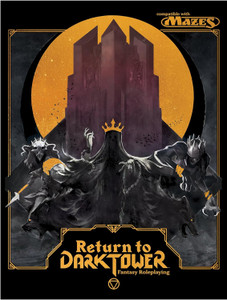 An RPG titled "Return to Dark Tower" in gold font at the bottom of the cover in a plaque-like border.  The art above is bordered in black and depicts a row of four darkly-clad people, all with their faces obscured by various masks or, the case of the central figure, in shadow.  Said figure is highlighted by having both a distinct design, with a cloaked head and gold crown atop it, while the rest wear their gold accents elsewhere, as well as holding two snarling hounds on a chained leash.  Behind the row looms a (you guessed it) Dark Tower.  It is angular, foreboding, and backdropped by a golden circle. An RPG titled "Return to Dark Tower" in gold font at the bottom of the cover in a plaque-like border.  The art above is bordered in black and depicts a row of four darkly-clad people, all with their faces obscured by various masks or, the case of the central figure, in shadow.  Said figure is highlighted by having both a distinct design, with a cloaked head and gold crown atop it, while the rest wear their gold accents elsewhere, as well as holding two snarling hounds on a chained leash.  Behind the row looms a (you guessed it) Dark Tower.  It is angular, foreboding, and backdropped by a golden circle.