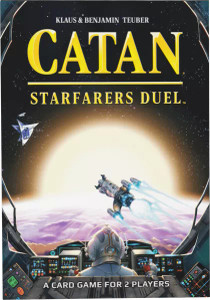 A board game titled "CATAN - Starfarers Duel" in large, gold font signature of the CATAN series.  Below the title is a scene from point of view of inside of a spaceship looking out.  Before the viewing shield of ship sits a humanoid with a space suit on, despite being inside the ship and therefore within a pressurized atmosphere and not needing the suit.  Beyond the glass looms the curved surface of a nearby planet, its sky a hazy purple and clouds shielding its features from view.  Another ship crosses in front of the one we look out of, five engines glowing blue with a superheated blaze.  In the distance, likely several million miles away but impossibly large and therefore seemingly within touching distance, is a yellow sun much like our own that alights the edge of the planet's horizon with a beautiful golden glow.
