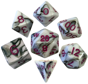 Metallic Dice Games - 7 Set RPG Dice - Acrylic - Marble with Purple Numbers Metallic Dice Games - 7 Set RPG Dice - Acrylic - Marble with Purple Numbers