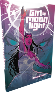 A hardcover RPG book titled "Girl By Moonlight," featuring a pink girl raising her fist, wielding a ball of light. A hardcover RPG book titled "Girl By Moonlight," featuring a pink girl raising her fist, wielding a ball of light.