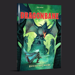 Dragonbane RPG: Quickstart Box featuring game title and a large green dragon with a glowing orange mouth and eyes on top of a statue staring down an adventurer with a sword and cloak.