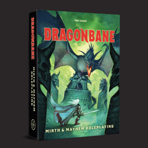 Dragonbane RPG: Core Set box featuring game title and a large green dragon with a glowing orange mouth and eyes on top of a statue staring down an adventurer with a sword and cloak. Dragonbane RPG: Core Set box featuring game title and a large green dragon with a glowing orange mouth and eyes on top of a statue staring down an adventurer with a sword and cloak.