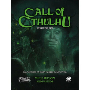 The Call of Cthulhu Starter Set box featuring the title in green text and a group of investigators in a graveyard in front of a haunted house, with a terrified woman in the background, all in a green light. The Call of Cthulhu Starter Set box featuring the title in green text and a group of investigators in a graveyard in front of a haunted house, with a terrified woman in the background, all in a green light.