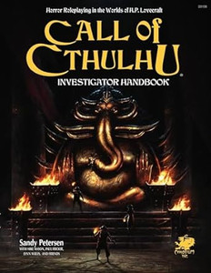 An RPG book titled "Call of Cthulhu: 7th Edition Investigator Handbook" in sprawling gold font at the top of the cover.  The art is incredibly dark, save for a scene revealed by small torch's light in the hands of three small figures at the foot of a massive stature, as well as braziers positioned around the room.  The stature depicts the form of Cthulhu with its tentacled face extending down the length of its torso.  It seems to be sat cross-legged in a place of honor in what may be a temple. An RPG book titled "Call of Cthulhu: 7th Edition Investigator Handbook" in sprawling gold font at the top of the cover.  The art is incredibly dark, save for a scene revealed by small torch's light in the hands of three small figures at the foot of a massive stature, as well as braziers positioned around the room.  The stature depicts the form of Cthulhu with its tentacled face extending down the length of its torso.  It seems to be sat cross-legged in a place of honor in what may be a temple.