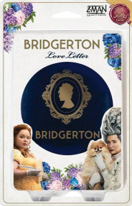 Board game box featuring game title and the Bridgerton logo, two women and a cute dog on a white box Board game box featuring game title and the Bridgerton logo, two women and a cute dog on a white box