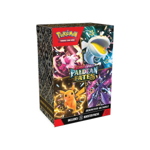 A Paldean Fates booster bundle box featuring art of four shiny pokemon. On the side of the box is a black and grey pattern showcasing all of the Pokemon types. A Paldean Fates booster bundle box featuring art of four shiny pokemon. On the side of the box is a black and grey pattern showcasing all of the Pokemon types.
