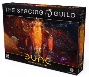 A board game titled "Dune: War for Arrakis - The Spacing Guild" at the top and bottom of the box. The art in the middle depicts a swirling scene in the space above the desert planet of Arrakis. Huge, looming ships make their way through the stars in the distance while the foreground is dotted in pods shining like necklace pendants. The pods are silver on the top and bottom with an amber tube in the center suspended in which are half-shrouded humanoid forms. A board game titled "Dune: War for Arrakis - The Spacing Guild" at the top and bottom of the box. The art in the middle depicts a swirling scene in the space above the desert planet of Arrakis. Huge, looming ships make their way through the stars in the distance while the foreground is dotted in pods shining like necklace pendants. The pods are silver on the top and bottom with an amber tube in the center suspended in which are half-shrouded humanoid forms.