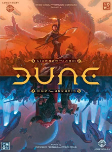 A board game titled "Dune: War for Arrakis" in large, gold font in the center of the box. The title bifurcates the cover's art into two opposing mirrored images. The upper is colored in the warm reds and oranges that make the landscape of Arrakis, a desert planet populated by people called the Fremen. The scene is of a rebellion lead by a pale-skinned, dark-haired man brandishing a long, scythe-like blade and a dagger raised. Behind the large group of soldiers that stand ready behind this man are sandworms: gargantuan creatures with many-split mouths full of rows of sharp teeth. They have long, pale, wrinkled bodies and no discernable eyes or ears. Below the title is a blue-bathed scene where a crowd of warriors surrounds three main figures in the foreground: a large bald man with his arms outstretched in self-grandeur; a slightly smaller, buff bald man with a large gun over his shoulder; a significantly shorter and less bald person with a terrible bob and a devious expression holding a blade. Above these three are countless hovering spacecrafts and two planets in the sky. A board game titled "Dune: War for Arrakis" in large, gold font in the center of the box. The title bifurcates the cover's art into two opposing mirrored images. The upper is colored in the warm reds and oranges that make the landscape of Arrakis, a desert planet populated by people called the Fremen. The scene is of a rebellion lead by a pale-skinned, dark-haired man brandishing a long, scythe-like blade and a dagger raised. Behind the large group of soldiers that stand ready behind this man are sandworms: gargantuan creatures with many-split mouths full of rows of sharp teeth. They have long, pale, wrinkled bodies and no discernable eyes or ears. Below the title is a blue-bathed scene where a crowd of warriors surrounds three main figures in the foreground: a large bald man with his arms outstretched in self-grandeur; a slightly smaller, buff bald man with a large gun over his shoulder; a significantly shorter and less bald person with a terrible bob and a devious expression holding a blade. Above these three are countless hovering spacecrafts and two planets in the sky.
