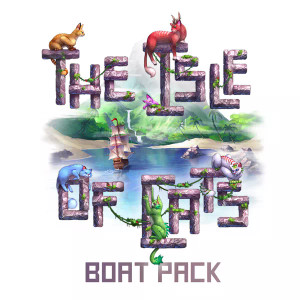 Board game box featuring game title and art of multiple fantasy cats lounging on the title's letters. In the background, a majestic island is in view. Board game box featuring game title and art of multiple fantasy cats lounging on the title's letters. In the background, a majestic island is in view.