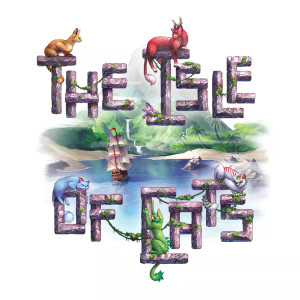 Board game box featuring "The Isle of Cats" in stone lettering, with vines wrapping around it and colorful cats lounging about. In the background there is a small mountain overlooking a beach and water with a boat in it. Board game box featuring "The Isle of Cats" in stone lettering, with vines wrapping around it and colorful cats lounging about. In the background there is a small mountain overlooking a beach and water with a boat in it.