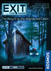 A board game titled "EXIT: The Return to the Abandoned Cabin" in signature Exit font at the top: the first portion resembling a haunting blue exit sign, and the latter half of the title a similar glowing blue atop a black gradient to make the letters stand out. Below is a nighttime scene in a foggy forest with a dilapidated cabin to the center left of the box. A translucent clock is superimposed over the cabin's wall and a cop car sits parked to the side of it.
The art is primarily made of shades of blue and black. A board game titled "EXIT: The Return to the Abandoned Cabin" in signature Exit font at the top: the first portion resembling a haunting blue exit sign, and the latter half of the title a similar glowing blue atop a black gradient to make the letters stand out. Below is a nighttime scene in a foggy forest with a dilapidated cabin to the center left of the box. A translucent clock is superimposed over the cabin's wall and a cop car sits parked to the side of it.
The art is primarily made of shades of blue and black.