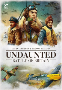 Board game titled "Undaunted: Battle Of Britain". On the top half of the box it shows 3 world war 2 pilots with bombers and fighters flying over head. On the lower half of the box is a british fighter plane firing its guns into the wing a german fighter that is trailing smoke and fire. Board game titled "Undaunted: Battle Of Britain". On the top half of the box it shows 3 world war 2 pilots with bombers and fighters flying over head. On the lower half of the box is a british fighter plane firing its guns into the wing a german fighter that is trailing smoke and fire.