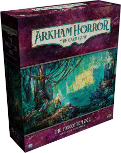 Board game titled "Arkham Horror: The Forgotten Age Campaign Expansion" in a title plaque.  Below is cover art of two explores standing on a ledge surrounded by jungle, looking across at a magnificent Aztec ruin. Board game titled "Arkham Horror: The Forgotten Age Campaign Expansion" in a title plaque.  Below is cover art of two explores standing on a ledge surrounded by jungle, looking across at a magnificent Aztec ruin.