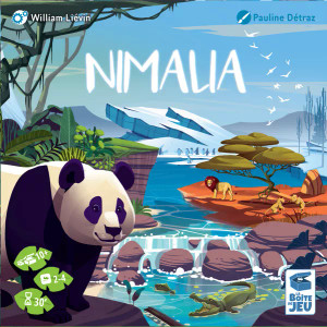 A boardgame titled "Nimalia" in white, organic font at the top of the cover.  The art below is a serene scene with a bright blue sky and a river that cuts across three different biomes: a jungle with a panda bear in the foreground, a clay-red plain with a lion perched on an overhanging rock, and an arctic biome in the distance with white ice and penguins. The art is lineless, simple, and geometric.