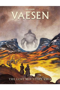 An RPG book titled "Vaesen: The Lost Mountain Saga" in whimsical white font at the top of the cover. The art below depicts a valley washed in reds, yellows, and blacks with white peaked mountains in the distance. In the foreground stand two figures with long, flowing coats, one with a cane and English Great Coat, and the other with a large travelling pack. In the distance looms the central figure of the art: a gargantuan figure with grey skin, a barrel-chested torso, and arms significantly thicker and longer than its legs. Its head is bald and its eyes are bright white pinpricks in its face (that are probably, in reality, unbelievably massive). An RPG book titled "Vaesen: The Lost Mountain Saga" in whimsical white font at the top of the cover. The art below depicts a valley washed in reds, yellows, and blacks with white peaked mountains in the distance. In the foreground stand two figures with long, flowing coats, one with a cane and English Great Coat, and the other with a large travelling pack. In the distance looms the central figure of the art: a gargantuan figure with grey skin, a barrel-chested torso, and arms significantly thicker and longer than its legs. Its head is bald and its eyes are bright white pinpricks in its face (that are probably, in reality, unbelievably massive).