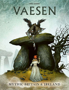 An RPG book titled "Vaesen: Mythic Britain & Ireland" in bold, whimsical, black font at the top of the cover. The art below depicts an entrance to a burial mound, a Sidhe (pronounced "Shee"), in the form of a stack of three oblong stones atop a grassy hill, one carved with a triple spiral. Atop the entrance is a being with their face obscured by shadow under a ragged hood. They have long, spindly arms with grey skin, an array of bracelets, and knobby, clawed fingers. A pair of small, black wings sprout from the being's back, and one arm extends down and points toward the dark beyond the entrance. Before the abyss stands a woman in a lightly colored dress, her red hair tied back in a messy bun. In one hand she holds a small pistol, and in the other hangs a glowing rosary. In the mist that surrounds them stands similar passageways on hills of their own. An RPG book titled "Vaesen: Mythic Britain & Ireland" in bold, whimsical, black font at the top of the cover. The art below depicts an entrance to a burial mound, a Sidhe (pronounced "Shee"), in the form of a stack of three oblong stones atop a grassy hill, one carved with a triple spiral. Atop the entrance is a being with their face obscured by shadow under a ragged hood. They have long, spindly arms with grey skin, an array of bracelets, and knobby, clawed fingers. A pair of small, black wings sprout from the being's back, and one arm extends down and points toward the dark beyond the entrance. Before the abyss stands a woman in a lightly colored dress, her red hair tied back in a messy bun. In one hand she holds a small pistol, and in the other hangs a glowing rosary. In the mist that surrounds them stands similar passageways on hills of their own.