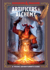 An RPG book titled "Dungeons & Dragons: A Young Adventurer's Guide - Artificers and Alchemy" at the top of the cover.  The art below is bordered in light purple with gold details and depicts a red-skinned tiefling forging something at an anvil.  The tiefling has long, curved ram's horns, long dark hair, and a blacksmith's smock and gloves.  Behind them looms a robot that is, presumably, their creation.