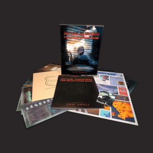 An RPG box kit titled "Blade Runner RPG: Fiery Angels" at the top of the cover in red, futuristic font. The art on the cover depicts a woman in a darkened office with half-open blinds behind her that let in slivers of light. Her hair is blonde and ear-length, and she wears a white coat with a lit cigarette posed between her fingers. In front of her is a stand holding a piece of technology that covers one of her eyes from view. Below the box is a spread of all the items you can find within the kit: from evidence pieces to a custom manilla folder to store your items in. An RPG box kit titled "Blade Runner RPG: Fiery Angels" at the top of the cover in red, futuristic font. The art on the cover depicts a woman in a darkened office with half-open blinds behind her that let in slivers of light. Her hair is blonde and ear-length, and she wears a white coat with a lit cigarette posed between her fingers. In front of her is a stand holding a piece of technology that covers one of her eyes from view. Below the box is a spread of all the items you can find within the kit: from evidence pieces to a custom manilla folder to store your items in.