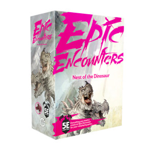 An RPG kit titled "Epic Encounters: Nest of the Dinosaur" in large, scratchy, hot pink letters at the top of the box.  The background is white and featured watercolor and ink art depicting an inaccurate representation of a t-rex-like creature in both that it has two heads (which could have happened, but we have no fossil records of) and it lacks feathers (which we DO have fossil records of occurring!).  The dinosaur possesses raptor toes and large spines along its back, as well as a mace-like tail.  It is, in the opinion of this image describer, very cute.
