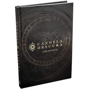 A black book featuring game title on front cover, glyphs and runes are indented in the cover.