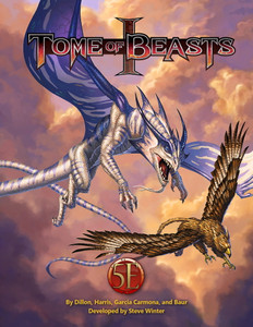 An RPG book titled "Tome of Beasts: 5E Compatible" with the first half written large at the top of the cover in gradient, lava-inspired font atop a dark banner, and the second half in a red circle at the bottom.  The art in between features a scene in the sky where a sleek, blue and white dragon with a long, thin tail pursues a griffon: a half eagle, half lion creature.