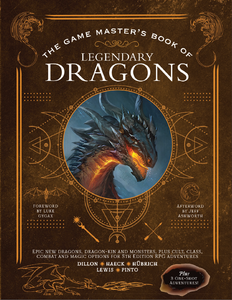 An RPG titled "Game Master's Book of Legendary Dragons" at the top of the cover. Below is the portrait of a dragon with dark scales, a glowing neck that comes up to their mouth, and eyes to match. Their portrait is set in the center of a circle surrounded in golden runes atop a brown background that mimics leather. Around the outside of the book is a matching golden border. An RPG titled "Game Master's Book of Legendary Dragons" at the top of the cover. Below is the portrait of a dragon with dark scales, a glowing neck that comes up to their mouth, and eyes to match. Their portrait is set in the center of a circle surrounded in golden runes atop a brown background that mimics leather. Around the outside of the book is a matching golden border.