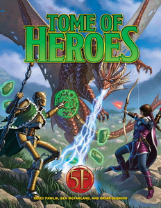 An RPG book titled "Tome of Foes 5E" in bright green letters at the top of the cover. Below is a scene set in a grassy plain studded with round stones. Three beings are locked in battle: one a large European dragon with lightning breath and brass scales, and two humanoid beings in the foreground. The one on the left is a copper, steampunk robot with a green robe, staff, and green spells emanating from their palm. The other is a feminine person with brown hair, pale skin, purple clothes, and a notched arrow in a long bow aimed at the dragon. An RPG book titled "Tome of Foes 5E" in bright green letters at the top of the cover. Below is a scene set in a grassy plain studded with round stones. Three beings are locked in battle: one a large European dragon with lightning breath and brass scales, and two humanoid beings in the foreground. The one on the left is a copper, steampunk robot with a green robe, staff, and green spells emanating from their palm. The other is a feminine person with brown hair, pale skin, purple clothes, and a notched arrow in a long bow aimed at the dragon.