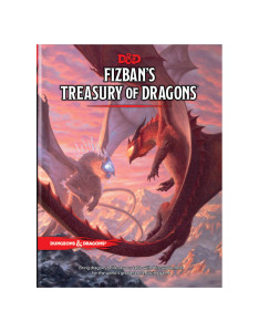 An RPG book titled "Dungeons & Dragons RPG: Fizban's Treasury of Dragons" at the top of the book cover.  The art below features a scene overtop of a mountain range where two dragons battle.  The dragon in the foreground is red, and red/yellow light leaks from its mouth.  The dragon in the distance is much larger, glows with blue light, and has two tails.