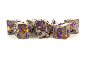 Metallic Dice Games - 7 Set RPG Dice - Resin - Gray Foil with Purple Numbers Metallic Dice Games - 7 Set RPG Dice - Resin - Gray Foil with Purple Numbers