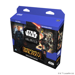 A black and blue Star Wars Unlimited 2 player starter deck box featuring art of Moff Gideon and The Mandolorian.