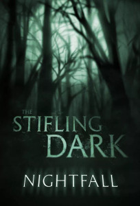 Board game expansion titled "The Stifling Dark: Nightfall Expansion" featuring art of a blurry moon reflected in night vision green through a multitude of barren trees. Board game expansion titled "The Stifling Dark: Nightfall Expansion" featuring art of a blurry moon reflected in night vision green through a multitude of barren trees.
