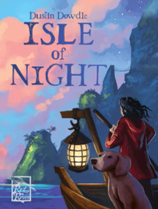 The Board Game "Isle of Night" which features a person and a dog riding on a boat with a lamp. In the background, a tropical island with steep cliffs and lush greenery. The sky is filled with pink sunset clouds as the night approaches. The Board Game "Isle of Night" which features a person and a dog riding on a boat with a lamp. In the background, a tropical island with steep cliffs and lush greenery. The sky is filled with pink sunset clouds as the night approaches.