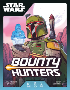 A Board Game titled "Star Wars: Bounty Hunters" that has a picture of the fully armored bounty hunter Boba Fett. His helmet has a t-shaped visor and he looks down on a hologram of a Wookie. The creature is covered head to toe in long fur and it holds a crossbow shaped blaster.