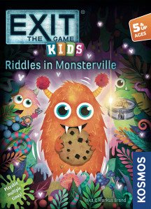 Board game title "Exit: Kids - Riddles in Monsterville" featuring a fuzzy orange monster eating a chocolate chip in front of a forest, hiding more cookie hungry monsters. Board game title "Exit: Kids - Riddles in Monsterville" featuring a fuzzy orange monster eating a chocolate chip in front of a forest, hiding more cookie hungry monsters.