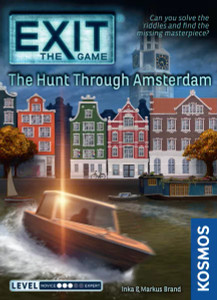 Board game titled "Exit: The Game - The Hunt Through Amsterdam" featuring a boat with a light on it that speeds through a canal past the city of Amsterdam. An ominous clocktower looks over the city.