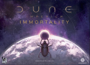 Board game expansion titled "Dune: Immortality" with the subtitle "Immortality" in golden shiny letters. Art of a grey planet surrounded by purple space. In the foreground, a beetle holds a moon in it's front two legs, while a rising sun can be seen behind the moon. Board game expansion titled "Dune: Immortality" with the subtitle "Immortality" in golden shiny letters. Art of a grey planet surrounded by purple space. In the foreground, a beetle holds a moon in it's front two legs, while a rising sun can be seen behind the moon.