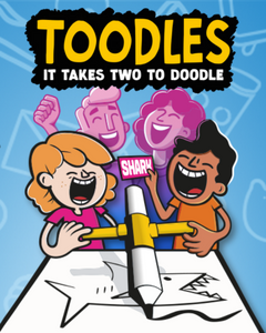 Board game titled "Toodles" in a yellow font with the subtitle "It Takes Two to Doodle" in a white font. Four figures stand against a light blue background, as two of them hold onto a cross-shaped pen drawing a shark on a white piece of paper.