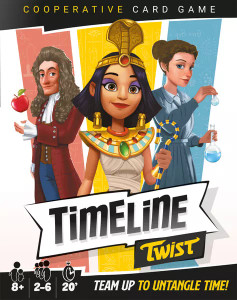 Board game box featuring the title "Timeline Twist" and Isaac Newton holding an apple, Cleopatra in Egyptian garb, and Marie Curie holding a test tube in front of red, yellow, and blue stripes.