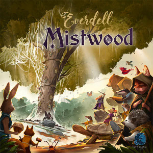 Board game expansion titled Everdell Mistwood, featuring art of multiple anthropomorphic animals facing towards a tree covered in spider webs and spiders. Board game expansion titled Everdell Mistwood, featuring art of multiple anthropomorphic animals facing towards a tree covered in spider webs and spiders.