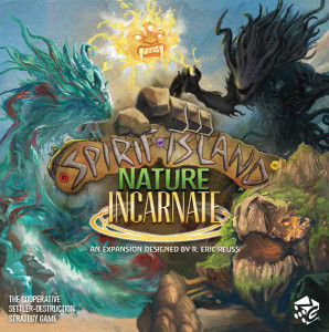 Board game expansion titled "Spirit Island: Nature Incarnate" featuring art of four different spirits surrounding the title. A sun-type spirit, a water horse, a figure of shadows, and an earthen turtle are  pictured.