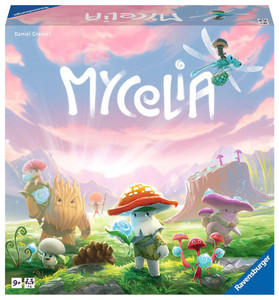 A board game titled "Mycelia" in white, painterly script at the top of the box.  The artwork below depicts several different kinds of anthropomorphized mushrooms holding green leaves and stylized, blue dewdrops with spirals on them.  The mushroom people all stand in a grassy field with a purple and blue sky dotted with fluffy little clouds behind them.
