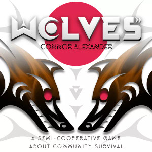 Board game titled "Wolves" featuring art of two wolves with red eyes staring at each other menacingly. A red moon rises above behind them. Board game titled "Wolves" featuring art of two wolves with red eyes staring at each other menacingly. A red moon rises above behind them.