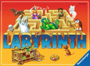 A board game titled "Labyrinth", featuring art of a maze from afar, with various creatures like a ghost, a dragon, a princess, an owl, and a living skull existing inside the walls. A board game titled "Labyrinth", featuring art of a maze from afar, with various creatures like a ghost, a dragon, a princess, an owl, and a living skull existing inside the walls.