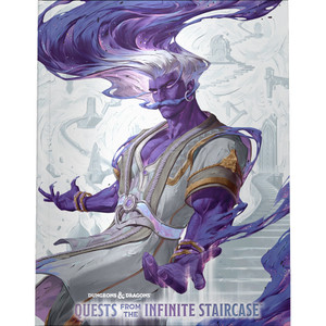 An RPG book titled "Dungeons & Dragons RPG: Quests from the Infinite Staircase" At the bottom of the cover. The background is primarily white with winding, dreamlike stairs and doorways dotted throughout. The central figure is a man with purple skin, white and purple hair, and an impressive mustache. He stands in a powerful pose, his arms out beside him, as his being flows like ink into the world around him. This hair rivers up across the cover and over the spine of the book like ink into water, and similar dregs travel from his eyes. An RPG book titled "Dungeons & Dragons RPG: Quests from the Infinite Staircase" At the bottom of the cover. The background is primarily white with winding, dreamlike stairs and doorways dotted throughout. The central figure is a man with purple skin, white and purple hair, and an impressive mustache. He stands in a powerful pose, his arms out beside him, as his being flows like ink into the world around him. This hair rivers up across the cover and over the spine of the book like ink into water, and similar dregs travel from his eyes.