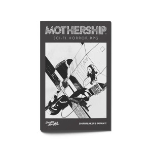 An RPG book titled "Mothership: Shipbreaker's Toolkit" at the top and bottom of the black-bordered cover. In the center is a primarily white sketch of a geometric spaceship, satellite-like wings extending from the side and long body slanted towards the viewer. To the side of it floats a little astronaut, who is hopefully still alive (but given the track record of Mothership RPG books featuring dead astronauts, our little friend's odds are not looking good). An RPG book titled "Mothership: Shipbreaker's Toolkit" at the top and bottom of the black-bordered cover. In the center is a primarily white sketch of a geometric spaceship, satellite-like wings extending from the side and long body slanted towards the viewer. To the side of it floats a little astronaut, who is hopefully still alive (but given the track record of Mothership RPG books featuring dead astronauts, our little friend's odds are not looking good).